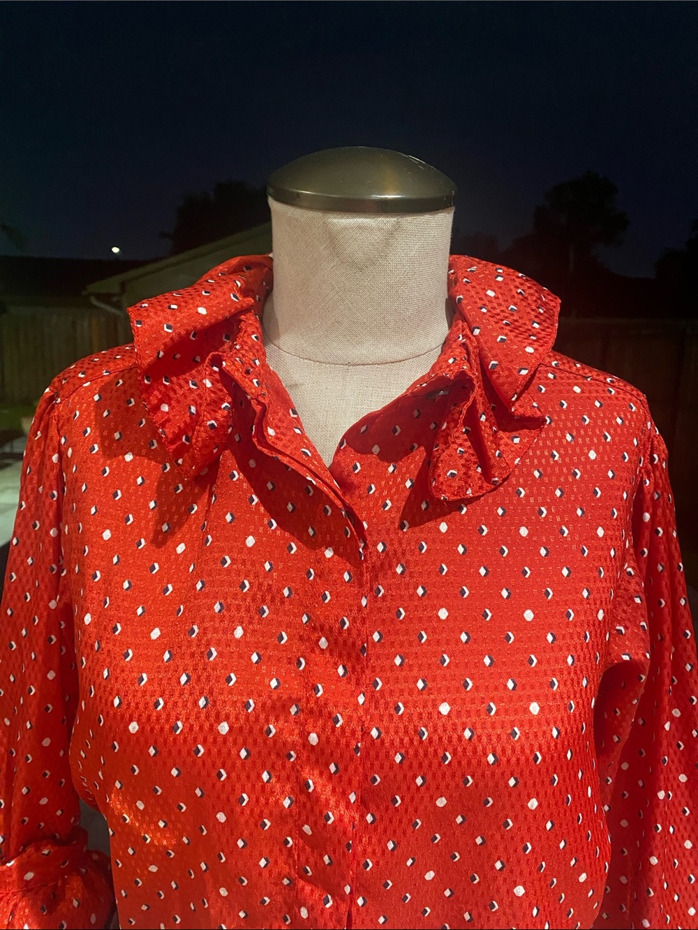 Women's Red Ruffle-Neck Blouse with Subtle Dot Print